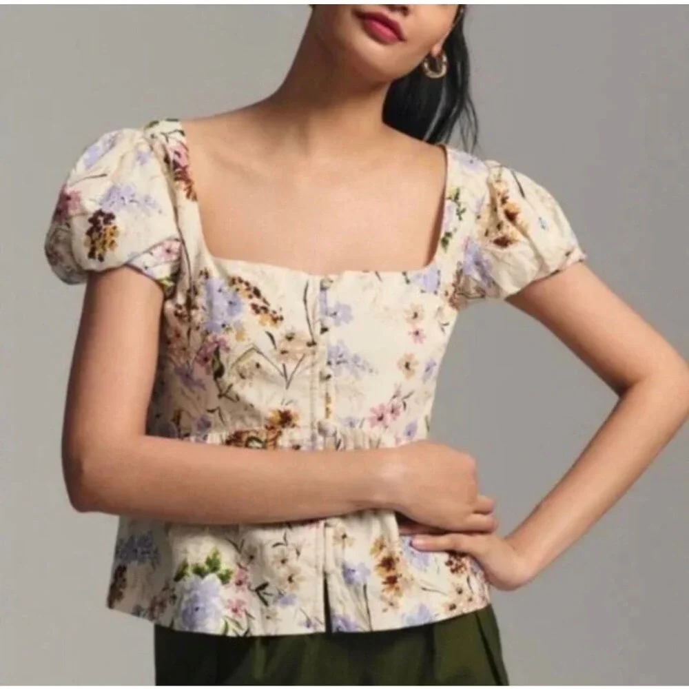 Anthropologie Floral Puff Sleeve Button Front Smocked Back Cotton Top Cream L